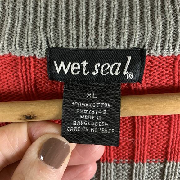 Wet Seal Womens Y2K Fitted Cable Knit Cardigan Sweater Sz XL Striped Preppy Punk - Picture 6 of 9